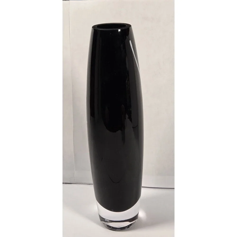 vintage Sasaki Bacchanal Art Glass Vase 11 3/4” Poland Black Hand Painted w/ Box